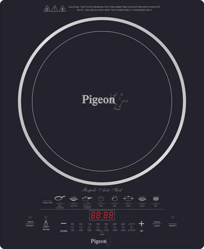 Pigeon 2100 W Induction Cooktop Touch Panel  (Black, Rapido Anti Skid 2100 Watts)