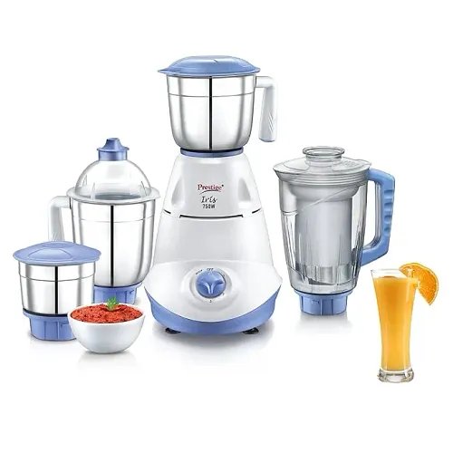Prestige IRIS 750 W Juicer Mixer Grinder (Iris with 3 Stainless Steel Jar + 1 Juicer Jar | 3 Jars | White, Blue)