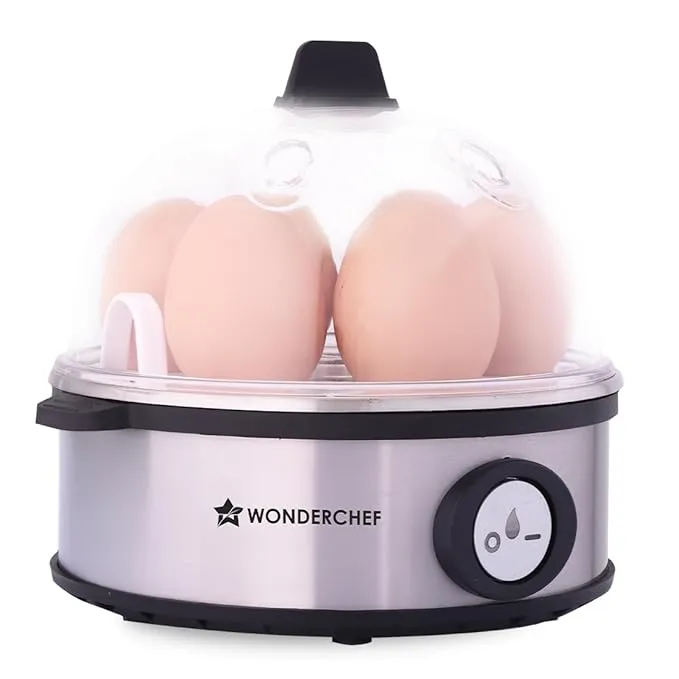 Wonderchef Essenza Instant Egg Boiler | 7 Poachers | 350 W | Stainless Steel Cool-touch Body | Auto Shut-off | Steaming Rack, Measuring Cup with Piercing Pin, Glass Lid with Steam Vent | 2-Year Warranty