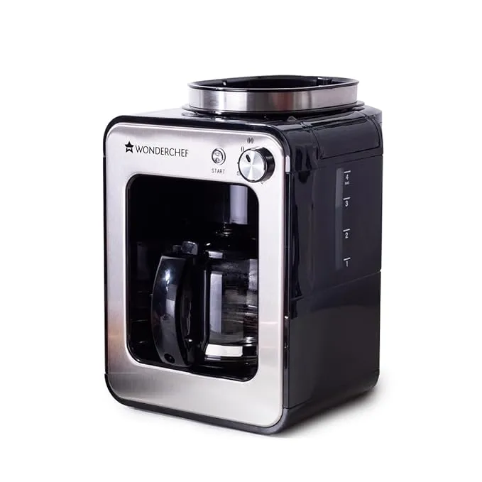 Wonderchef Regalia Bean-to-Cup Brew Coffee Maker with Grinder | Grind Coffee Beans | Get Fresh Aromatic Powder | Brew 4 cups | Glass Carafe | Easy Control Dial | 2 Years Warranty | Steel