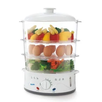 Glen Electric Food Steamer 900w with 60 Minute Timer, 3 Food Grade Containers - White (3052)