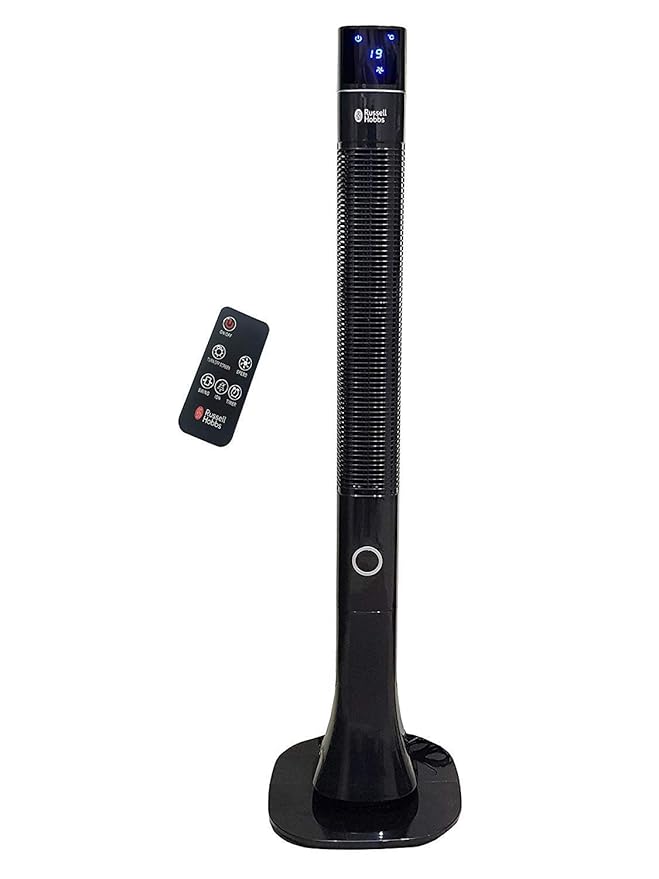 Russell Hobbs RTF4800 Tower Fan with Remote & LED Display | 48" Body, 3-Speed Settings, 12-Hour Timer, Fresh Air Ionizer, Quiet DC Motor, 60W | High Air Delivery | Black