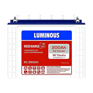 Luminous Tall Tubular Battery for Home, Office & Shops | Red Charge RC 25000 200Ah | Recyclable and Reliable Inverter Battery | Minimum Maintenance | Easy Installation | 36 Months Warranty