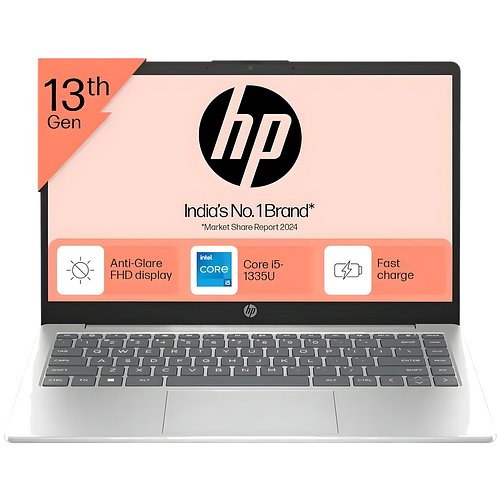 HP 14, 13th Gen Intel Core i5-1335U, 16GB DDR4, 512GB SSD, (Win 11, Office 21, Silver, 1.4kg), Anti-Glare, IPS, 14-inch(35.6cm) FHD Laptop, Intel Iris Xe Graphics, FHD Camera, Backlit KB, gr0001TU