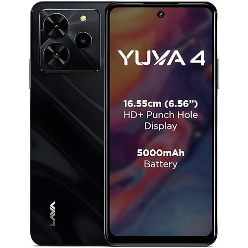 Lava Yuva 4 (Glossy Black, 4 GB RAM, 128 GB Storage)| Bigger 6.56" HD+ Display | 50 MP AI Triple Rear Camera | 8 MP Front Camera| 5000 mAh Battery | 10W Charging | Charger in Box