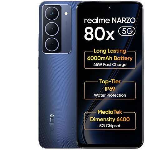 Realme Narzo 80x 5G (Deep Ocean,6GB+128GB) | Dimensity 6400 5G Chipset | 6000mAh Long-Lasting Battery | 45W Fast Charge | 120Hz Eye Comfort Display | IP69 Top-Tier Waterproof