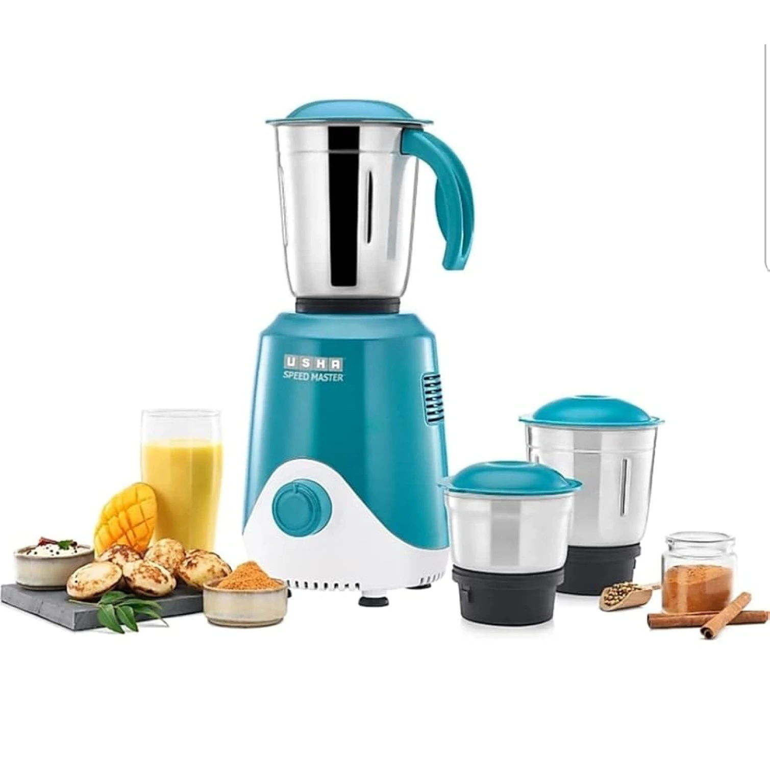 USHA Speed Master 500W with 3 Jars, 100% Copper Motor, 4-fin techno blades for finer grinding, SS Jars with flow breakers, 20000+ RPM